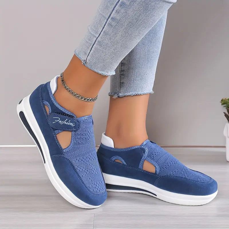 Baskets Orthopédiques Femme Bleu - Enfilage Chaussette (Slip-On) - Semelle Épaisse & Maille Souple