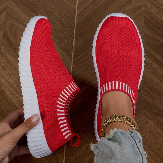 Baskets Orthopédiques Sans Lacets en Maille Respirante Rouge - Confort et Maintien pour Pieds Sensibles