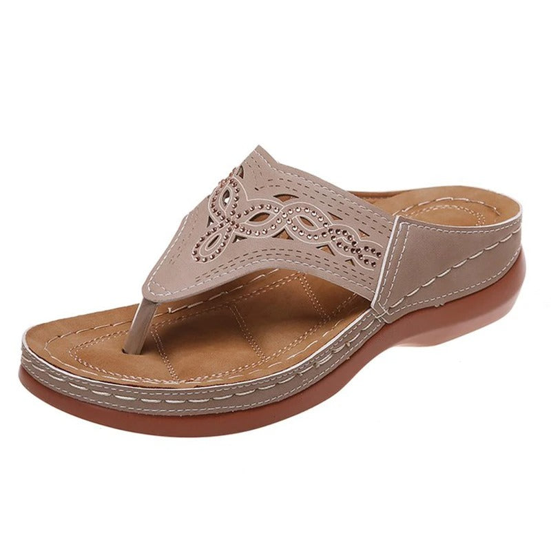 Sandales Tongs Orthopédiques Compensées - Khaki & Strass - Soutien Voûte & Élégance