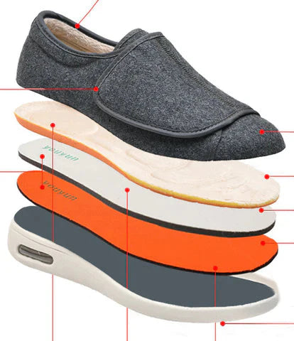 Chausson Confort Ouverture Totale - Bleu Marine - Réglable Velcro & Intérieur Fourré - Spécial Pieds Larges